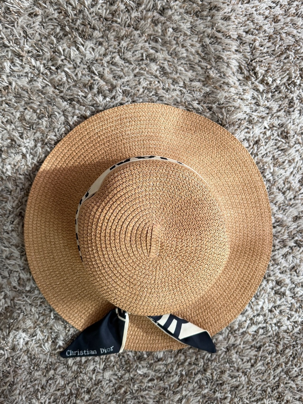 Faux Christian Dior Straw Sun Hat with Scarf Accent